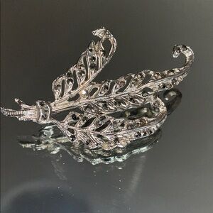 Vintage Rhinestone Silver Leaf Brooch